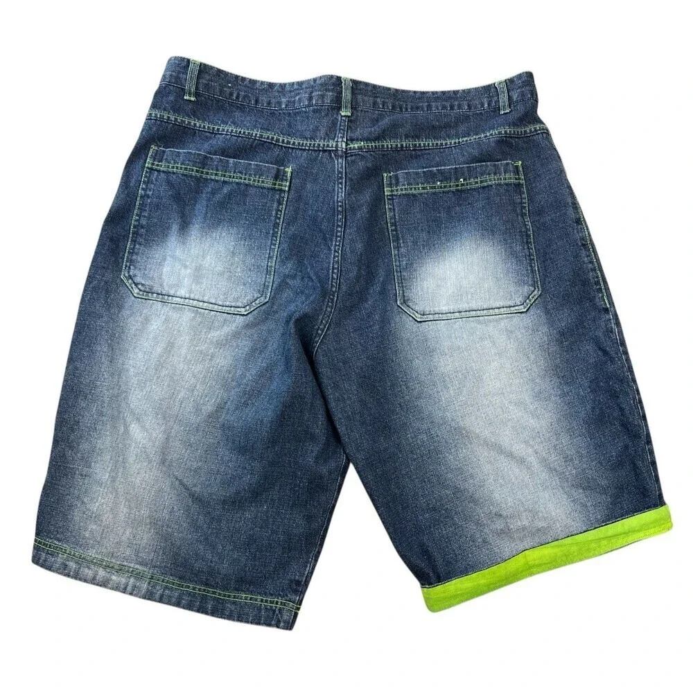 GodBody Men's Blue Jean Shorts Baggy Y2K Skater Streetwear Size 44 Lime Trim
